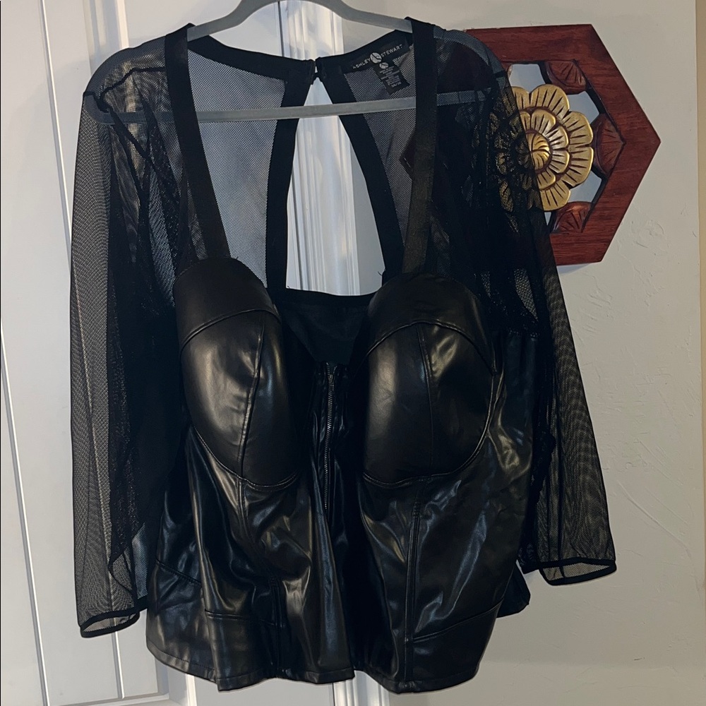 Sexy!!! Ashley Stewart Black Mesh and Faux Leather Top